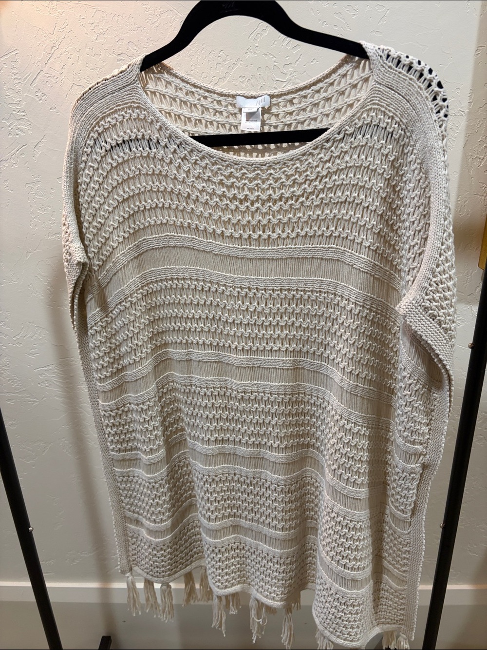 J JILL Women’s Cream Open-Knit Fringe Sweater size M/L